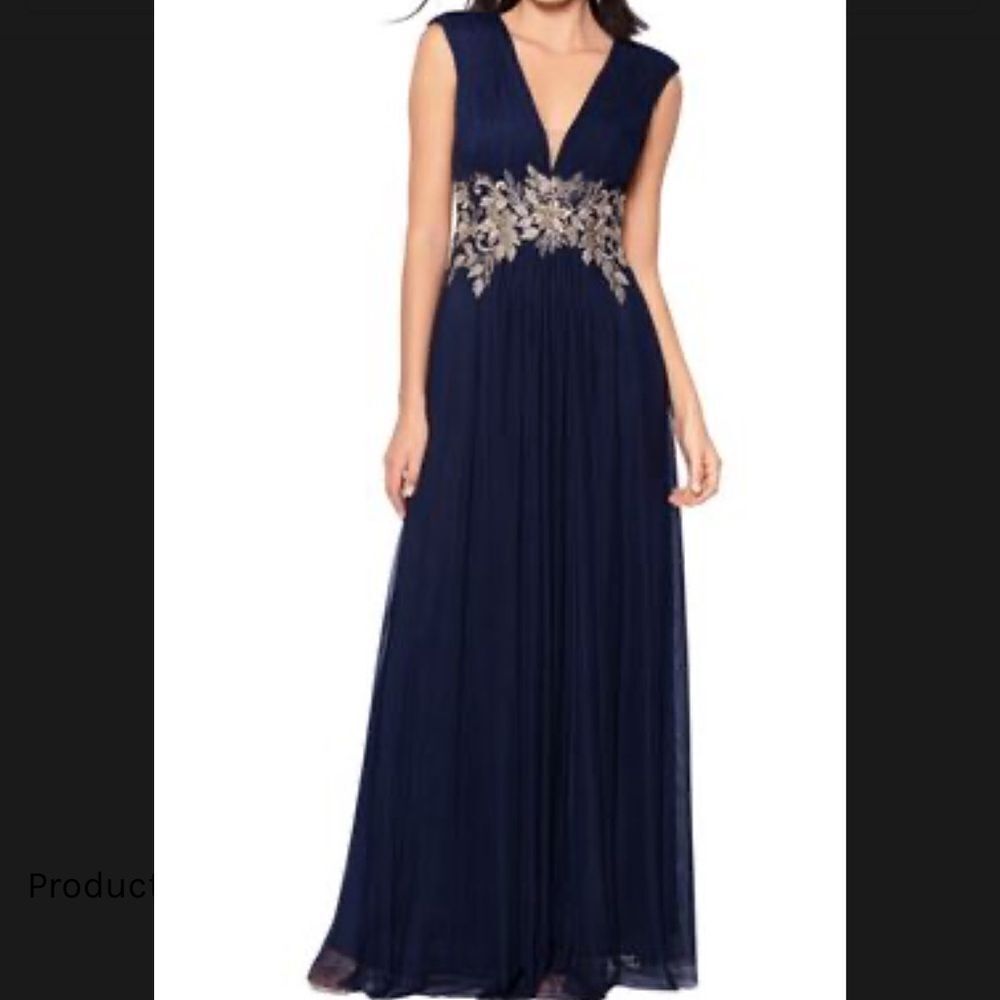 Betsy & Adam A25910 Beaded Floral Embroidered Gown In Navy/Gold Size 8